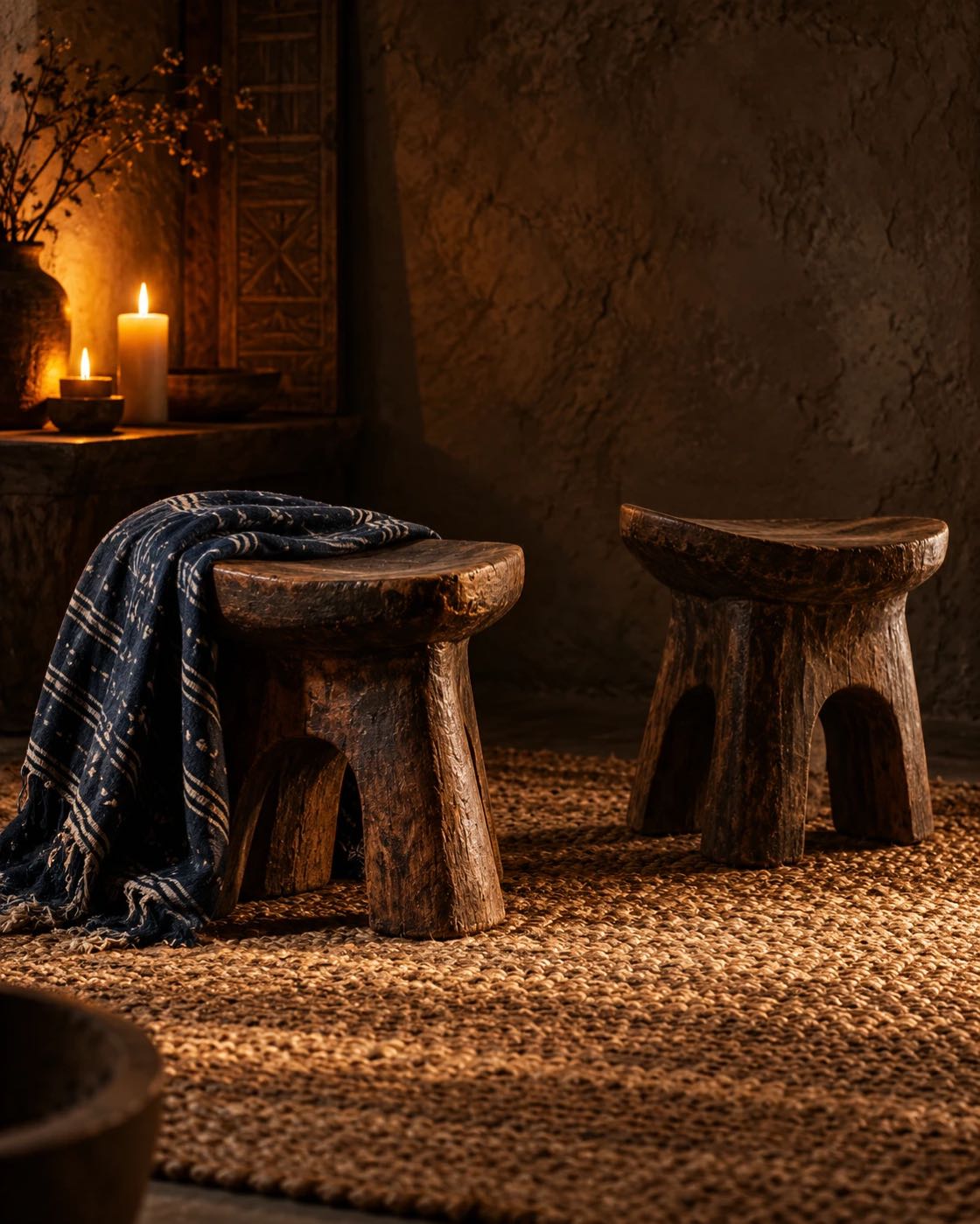 Deux tabourets de bois sculpté à la lueur d’une bougie, avec un tissu indigo
